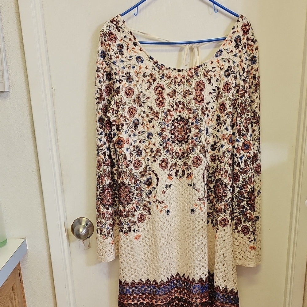Xhilaration Cream Floral Long Sleeve Dress with Multicolor Accents